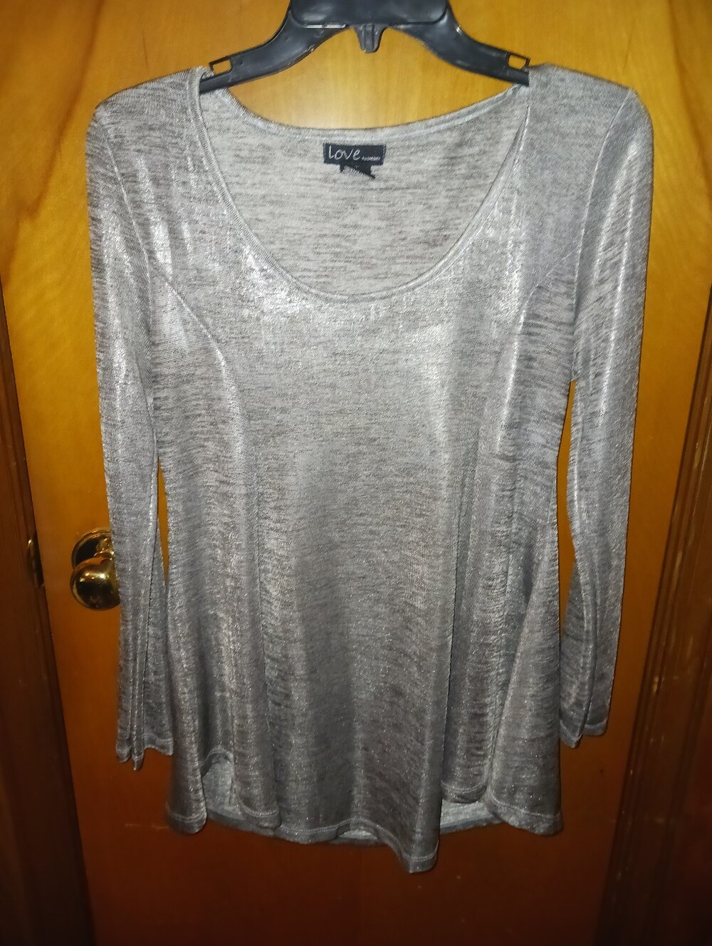 Love Metallic Silver Long Sleeve Scoop Neck Top